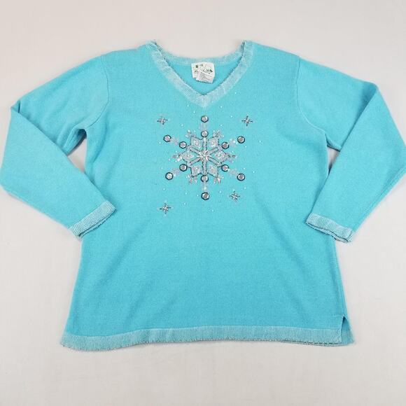 Quacker Factory Sweater Womens Large Blue Snowflake Beaded Winter Pullover Artsy - Picture 9 of 9
